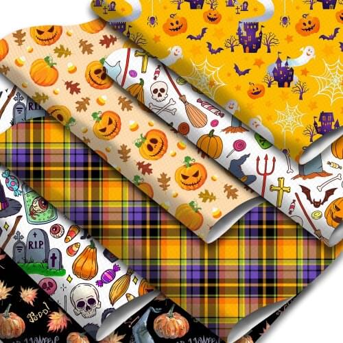 Halloween Festival Faux Leather Sheets Pumpkin Skull Candy Printed Synthetic Leather Fabric 20x33cm for DIY Garment Accessories