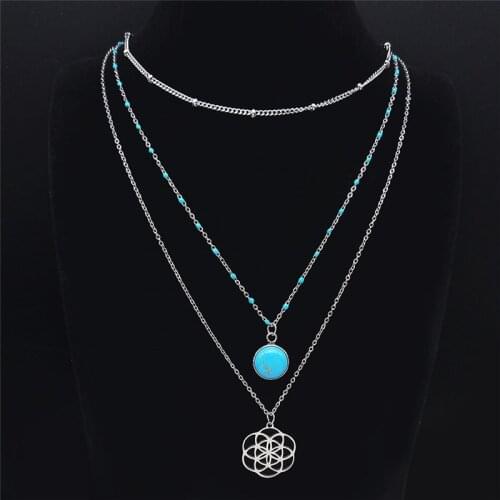 Stainless Steel Stone Green Yoga Bohemia Multilayer Flower of Life Chain Necklaces Women/Men Silver Color Jewelry bijoux NXS04