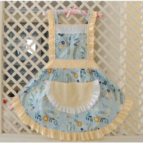 Korean Fashion Apron Women Blue Floral Bibs With Pocket Home Cooking Baking Shop Cleaning Kitchen Accessories Supplies