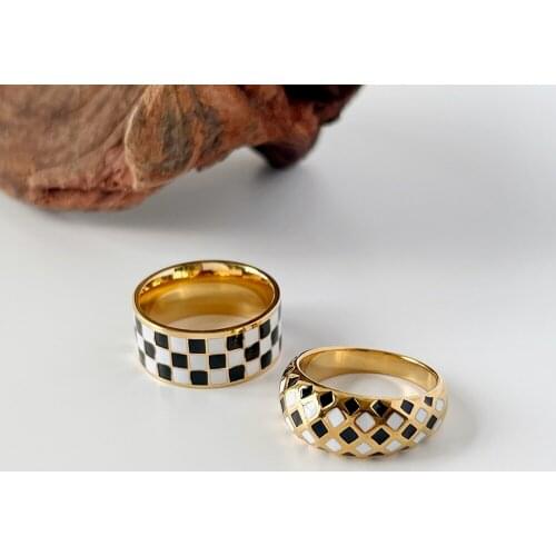 Monlansher Black White Plaid Enamel Ring Titanium Steel Finger Ring for Women Luxury Stylish Statement Stacking Rings Jewelry