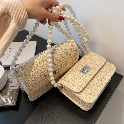 2021 new trendy fashion pearl chain messenger net red woven one-shoulder small square bag