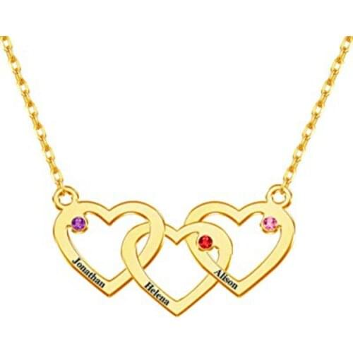 3 Hearts Name Necklace With Birthstones Custom Love Heart Hollow Design Pendant Necklaces Dainty Jewelry Gift For Women Charm
