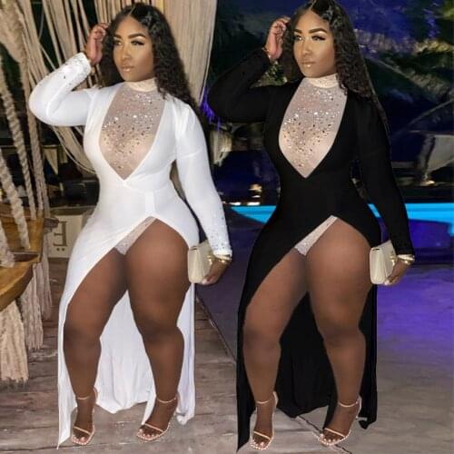 Plus Size S-4XL Women Two Piece Set Dress Outfits Diamonds Sheer Mesh Sexy Bodysuit Long Sleeve Split Maxi Dress Nightclub Set