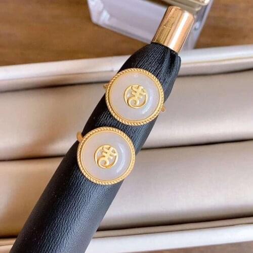 Retro Ring Womens Sterling Silver Hetian Jade Ring Open Adjustable Court Open Mouth Auspicious Words Lucky Lucky for Elders