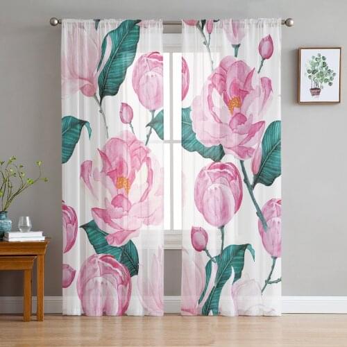 Modern Sheer Curtains Pink Flower Spring Bloom Living Room Kitchen Childrens Room Decoration Household Chiffon Window Curtains