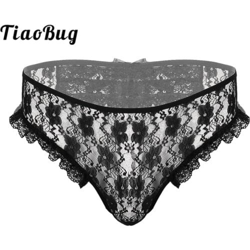 TiaoBug Men Sheer Floral Lace Lingerie Sissy Panties for Male Erotic Underpants Gay Underwear Open Butt Crotchless Sexy Briefs