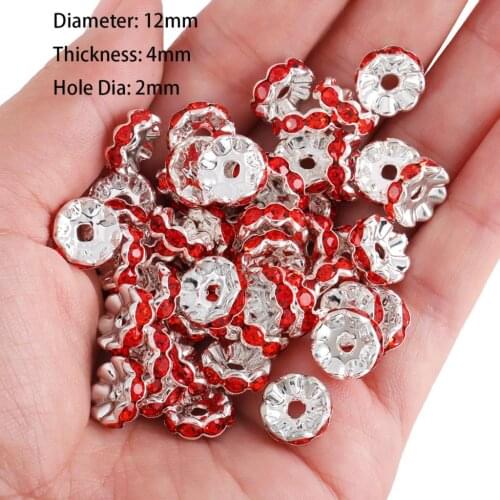 TUMBEELLUWA 12mm Silver Color Rhinestone Wave Edge Rondelle Loose Spacer Beads For Jewelry Making Necklace Bracelet Accessories
