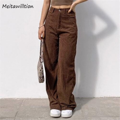 Spring Women Corduroy Long Pants 2021 Vintage High Waist Brown Trousers Female Casual Solid Loose Wide Leg Pants