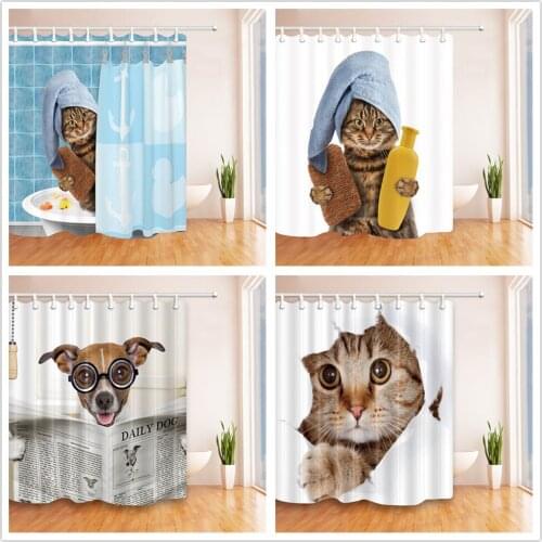 Funny Animal Shower Curtain Cute Pet Dog Cat Pattern Bathroom Waterproof Hanging Curtains Bath Decor Polyester Cloth With Hooks