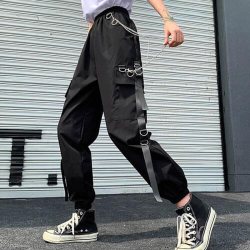 2020 Womens Cargo Pants Buckle Ribbon Pocket Jogger Elastic Waist High Streetwear Harajuku Punk Ring Chain Females Trousers