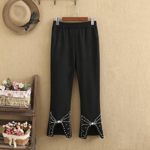 Plus Size Pants Set High Waist High Quality Elastic Fabric Leg Ends Are Beaded With Butterfly Shape Pearls Directly In Spring