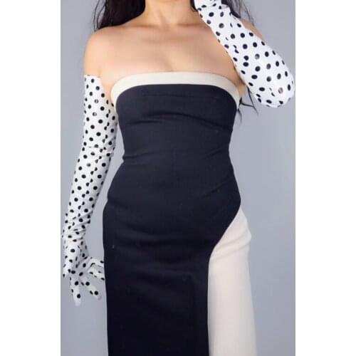 Womens runway fashion dot print white PU leather glove ladys club performance party leather long slim glove 70cm R3302