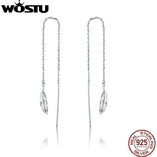 WOSTU 100% Real 925 Sterling Silver Feather Earrings For Women Hot Sale Simple Design Mysterious Feathers Earrings Wedding Gift