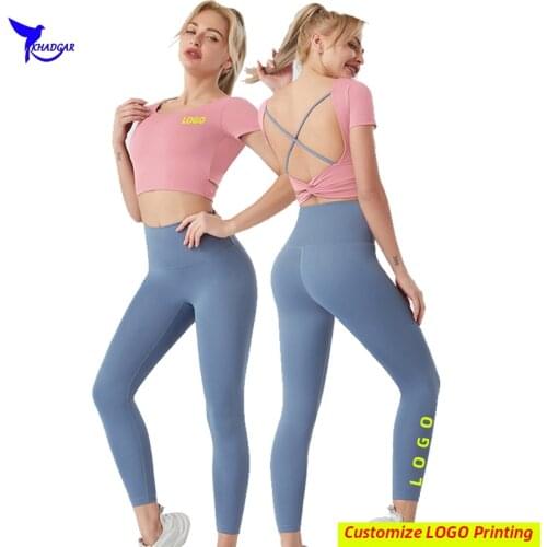 Women Built-In Bra Quick Dry Running Set Stretch Crop Top+Leggings 2 Pcs Yoga Sport Suit Gym Fitness Workout Sportswear Custom