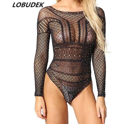 Sexy DJ Female Singer DS Costume Women Nightclub Clothing Pole Dancing Stage Outfit Black Rhinestones See Through Slim Bodysuit