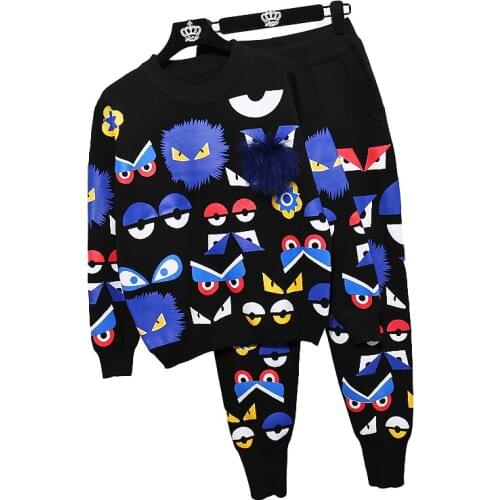 Autumn Winter New Women Loose Sweater Set Round Neck Little Monster print knitted sweater + Fashion Trousers Two Piece Set Women