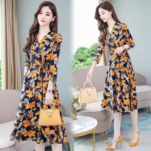 2021 Vintage Yellow Print Lady Midi Dresses Autumn Winter 4XL Plus Size Long Sleeve Dress Elegant Women Bodycon Party Vestidos
