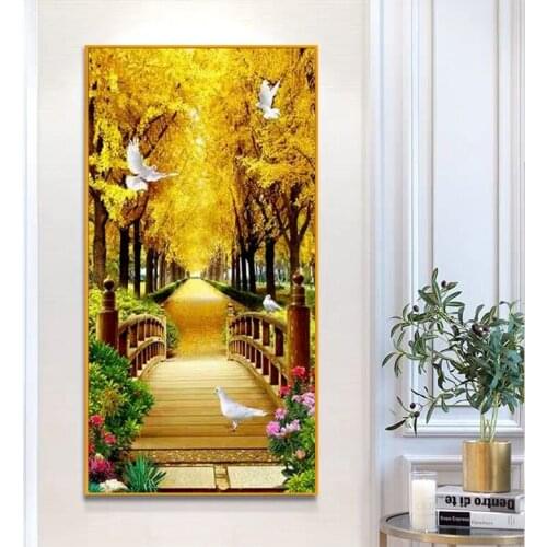 Diy 5D Diamond Painting Golden Tree White Pigeon Bridge Corridor Full Square Round Cross Stitch Rhinestone Mosaic Decor A647
