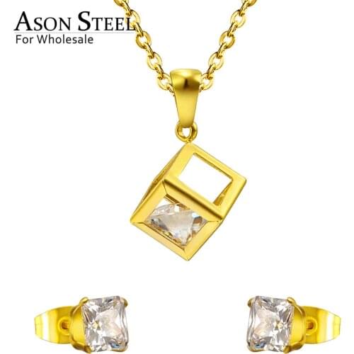 ASONSTEEL 316L Stainless Steel Gold Bridal Wedding African Jewelry Set for Women 2019 Square Necklace Pendant Small Stud Earring