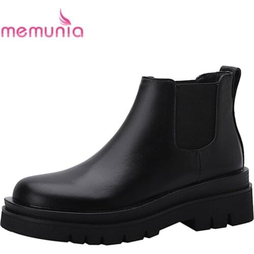 MEMUNIA Cow Leather Boots Square Heels Platform Ankle Boots Leisure Concise Ladies Shoes Elastic Band Hand Made Chelsea Boots