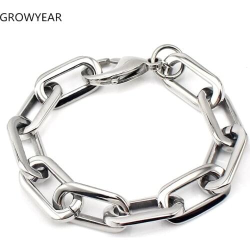 Chunky stainless steel rounded rectangle link chain bracelet unisex silver color fashion jewelry bangle bracelet lobster clasp