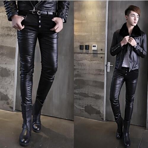 Splice personality fashion pu pants men leather trousers pantalones hombre cargo feet pants for men pantalon homme black autumn