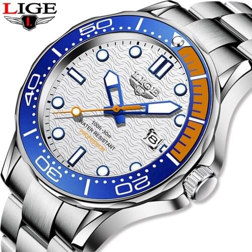 2021 LIGE Top Brand Fashion Sports Diver Watch For Men Steel Waterproof Date Clocks Man Watch Quartz Wrist Watches Reloj Hombre