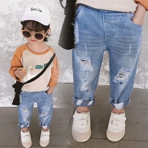 Kids Denim Pants 2021 Spring New Baby Girls Korean Style Jeans Casual Loose Hole Fashion Denim Trousers for Girl Child Trousers