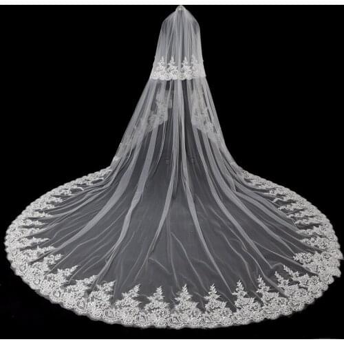 Ivory 3 Meters Long Full Edge Lace Wedding Veil Two Layers Tulle Bridal Veil with Comb Wedding Accessories Veu De Noiva HC018