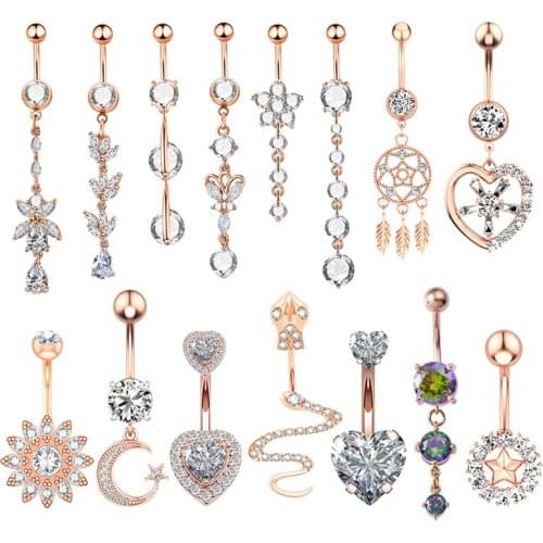 1pc Crystal Belly Button Ring Zircon Flower Heart Dangle Navel Piercing Surgical Steel Belly Bar Sexy Body Jewelry for Woman 14G