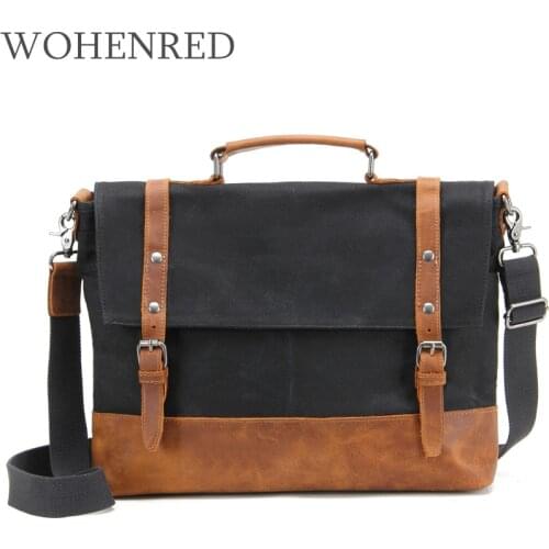 Leather Canvas Briefcases For Mens Laptop Messenger Bag Vintage Waterproof Men Handbag College School Satchel Large Shoulder Bag