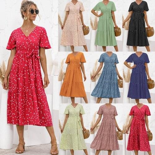 Summer Dress Women Dot Print V Neck Sashes A Line Dress Female Fashion Elegant Chic Midi Dress Vestidos Mujer 2021