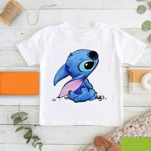 Summer New White T Shirts Kids Harajuku Top Lilo & Stitch Kawaii Pattern Children T-shirts Disney Dropship Fashion Outdoor Style