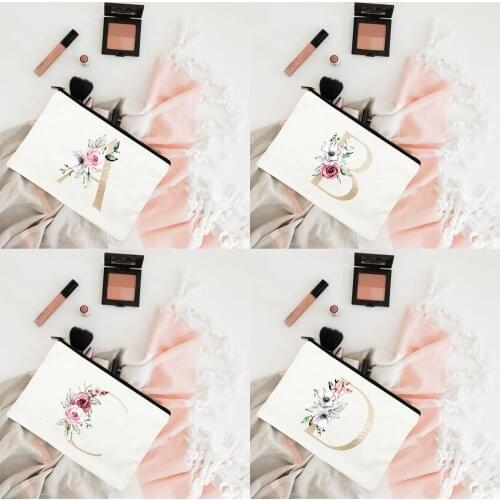 Initial Letter A-Z Flower Cosmetic Bag Harajuku Fashion Makeup Pouch Canvas Eco Canvas Funny Storage Bag Portable Travel Purse