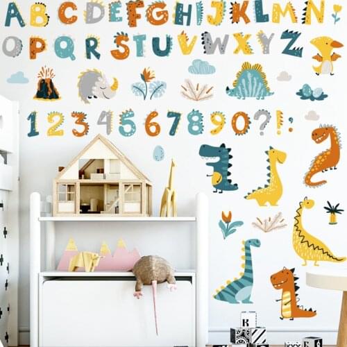 Zerolife Creative Dinosaur Nursery Letter Number Print Wall Sticker World Bedroom Decor Decals Kids Rooms PVC Wallpaper Mural