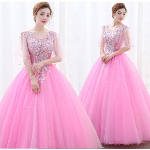 New pink long summer lace sweet lady girl women princess bridesmaid banquet party ball dress gown