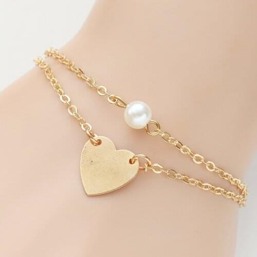 New Fashion Alloy Bracelet Creative Lady Simple Double Chain Heart Pendant Bohemian Style Gold And Color Jewelry Gift
