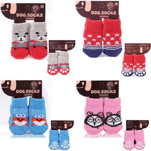 4Pcs/set Autumn Winter Pet Dog Socks Anti-Slip Knitted Small Dogs Shoes Thick Warm Paw Protector Cute Puppy Cat Indoor Wear Boot