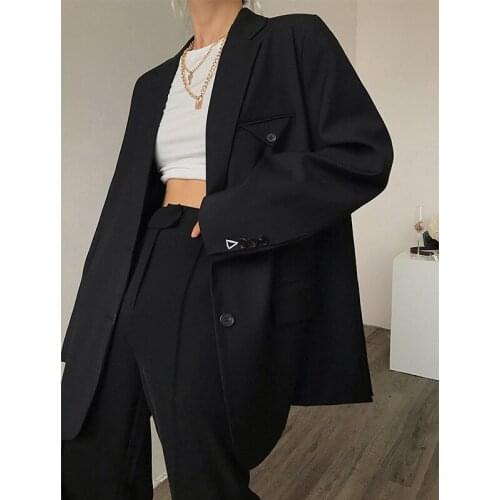 Ja0025 Loose Suit Jacket Womens Casual Oversized Black Solid Color Button Down Notched Blazer With Pockets пиджак женский