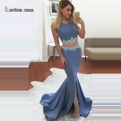Two Piece Prom Dress Lace Appliques Charming Long Prom Dresses Floor Length Formal Party Gown Vestido-de-festa-longo