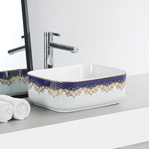 Antique retro floral pattern rectangle counter top luxury art basin ceramic face hand wash basin bathroom sink
