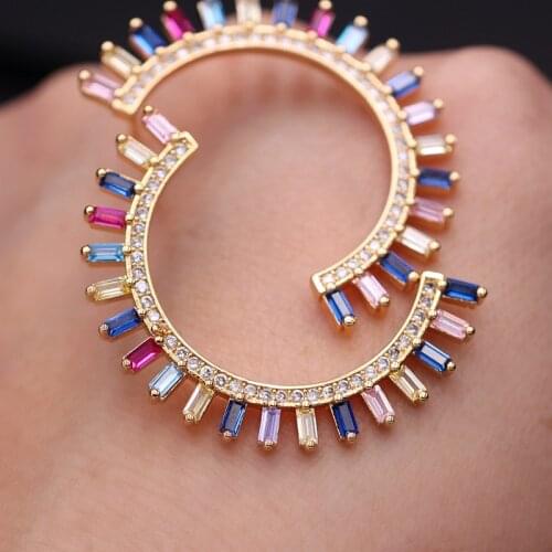 MultiColor Moon shape Rainbow Stud Earrings full pave Colorful rectangular cubic zirconia Special half round Earrings for women