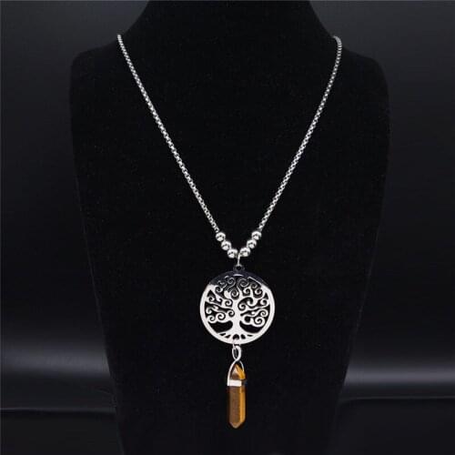 Hexagonal Bullet Reiki Point Chakra Natural Stone Stainless Steel Tree of Life Necklace Long Necklaces Jewelry chaine N40S04