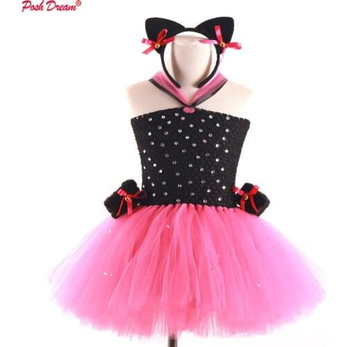 POSH DREAM Hot Pink Rhinestone Children Cosplay Costumes Dress with Headband Kids Clothes for Birthday Tutu Dresses