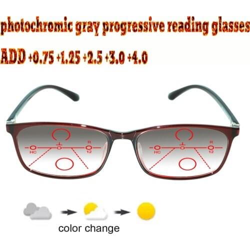 Photochromic Gray Progressive Multifocal Reading Glasses Ladies Woem Ultralight Red Frame+1.0 +1.5 +1.75 +2.0 +2.5 +3 +3.5 +4