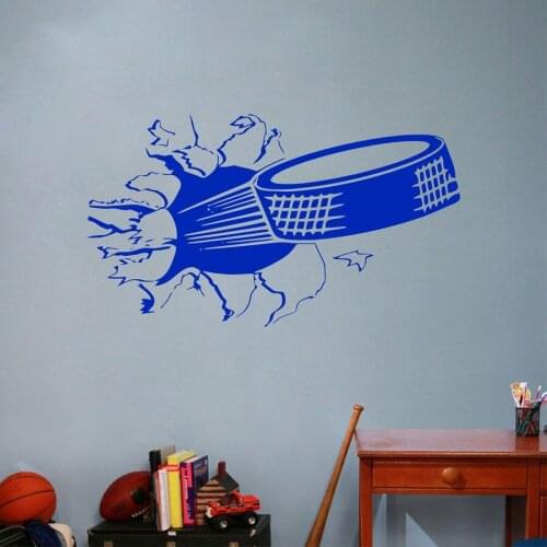 Sports Ice Hockey Wall Art Sticker , Puck Ripping Bursting Through Wall Vinyl Wall Decal