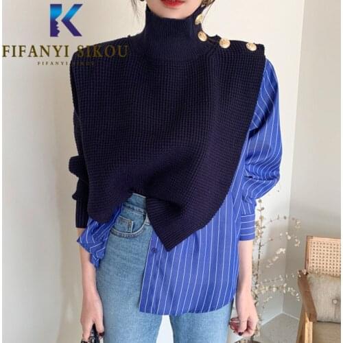Autumn Women Turtleneck Knitted Sweater Fashion Stripe Spliced Long Sleeve Pullover Female Patchwork Sweaters Loose Tops Jumpers