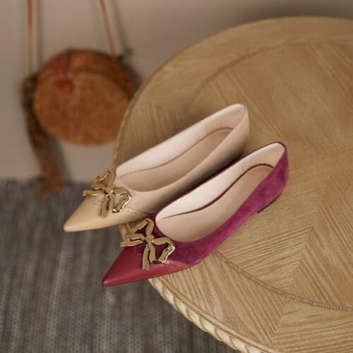 Women Pumps Genuine Leather 22-25 cm length Cowhide stitching Sheep suede upper Bowknot pointed toe womens shoes 2 colors