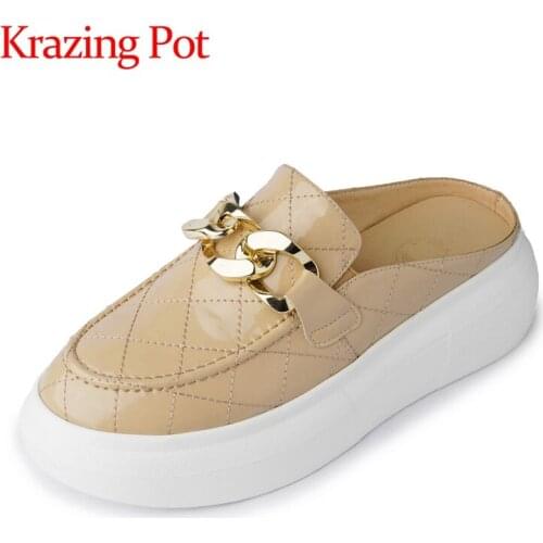 Krazing pot genuine leather round toe high heel thick bottom metal fasteners high street fashion leisure slip on shoes women L66
