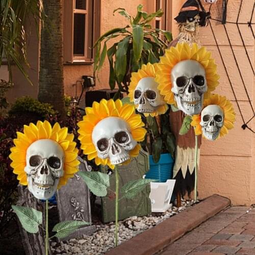 Halloween Decorations Sunflower Skeleton Head PVC Horror Spooky Simulation Flower Ornaments Garden Yard Decor
